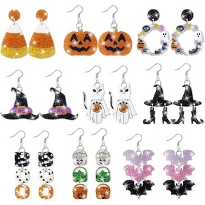 Halloween Glitter Earring Set - 9 Pairs Mixed Styles with Pumpkin, Bat & Ghost, Sparkly Acrylic Party Jewelry - 1 of 4