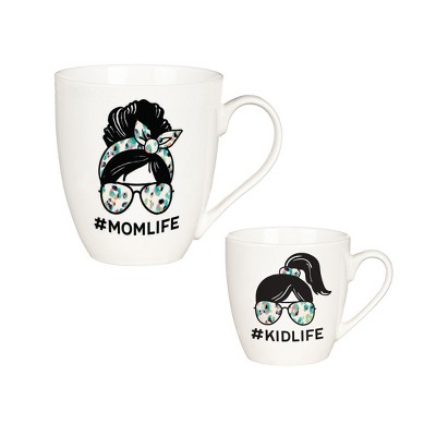 Evergreen Mommy and Me Ceramic Cup Gift Set | 17 oz. and 7 oz. Capacity | Mom Life/Kid Life Design | Coordinating Gift Box