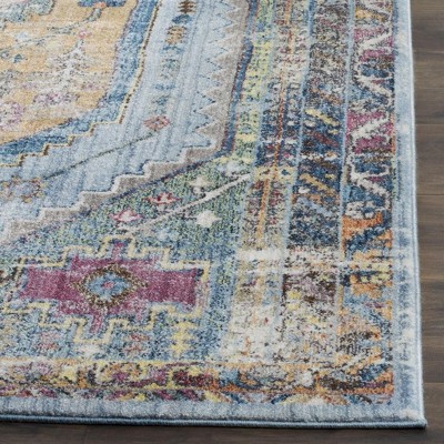 Blue and Camel Distressed Polyester Runner Rug, 2'3" x 6'