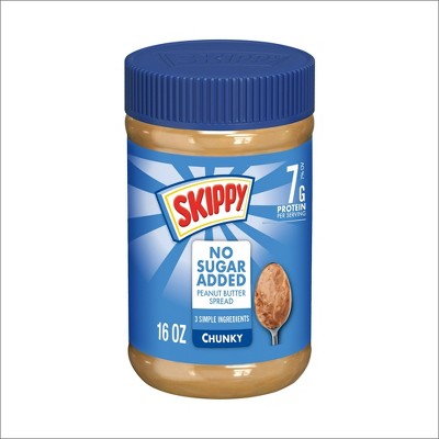 SKIPPY Chunky Peanut Butter Spread No Sugar Added, 7 g Protein Per Serving, Shelf-Stable, 16 oz Plastic Jar, Pack of 4