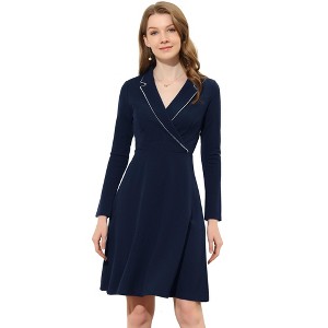 Allegra K Women's Notch Collar Wrap V Neck Long Sleeve A Line Fit Flare Dress - 1 of 4
