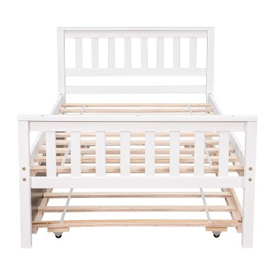 VYNXARIA White Color Pine  Frame Twin Platform Bed with Wheels, Headboard, Footboard