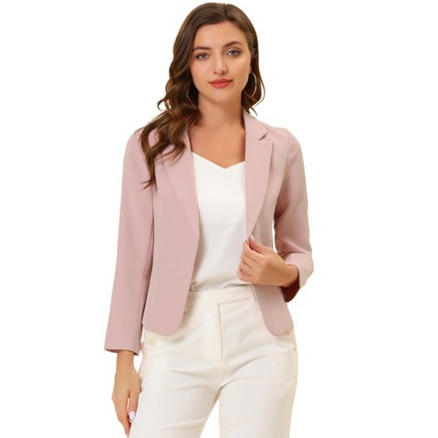INSPIRE CHIC Women's Open Front Office Long Sleeve Lightweight Printed Floral Cropped Suit Blazer Small Sky Blue-Solid