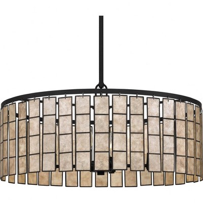 Matte Black Glass Drum Pendant Light with Amber Shade