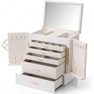 Large 6 - Tier Jewelry Box with Mirror, 5 Drawers, Faux Leather Storage for Women - 1 of 4