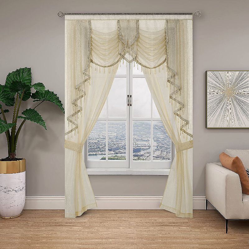 Kate Aurora Ultra Glam Beaded Sparkly Sheer Window in a Bag Curtain Set, 1 of 7