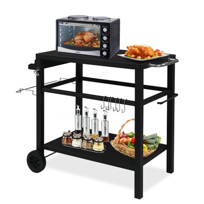 ROVSUN Gourmet Rolling Grill Cart with Trash Bag Holder, Hooks, Side Handle, Outdoor/Indoor Dining Prep Table Cart for Camping, Party, BBQ, Black