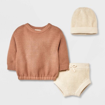 Image of Grayson Collective Baby Beanie & Sweater Set - Cream/Brown 6-9M