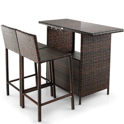 Tangkula 3PCS Wicker Bar Set Height Table 2 Stools w/3 Rows Stemware Racks Garden Patio