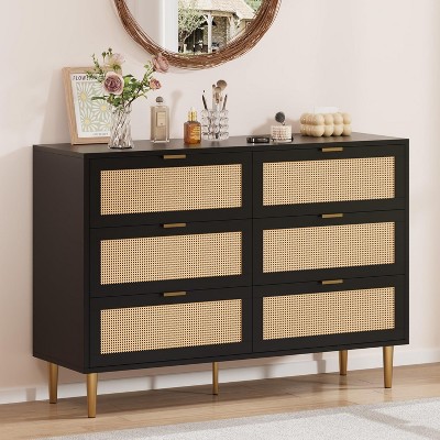 Modern Rattan 6 Drawer Dresser with Gold Handles and Legs, Wide Chest of Drawers, Farmhouse Storage Dresser for Bedroom, Living Room, Entryway