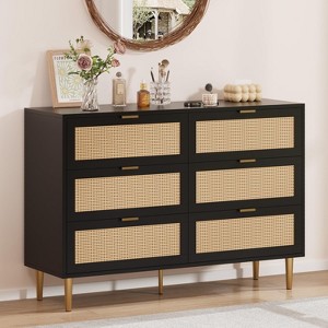 Modern Rattan 6 Drawer Dresser with Gold Handles and Legs, Wide Chest of Drawers, Farmhouse Storage Dresser for Bedroom, Living Room, Entryway - 1 of 4