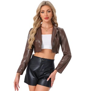 INSPIRE CHIC Women's Faux Leather One Button Lapel Collar Cropped Moto PU Jackets - 1 of 4