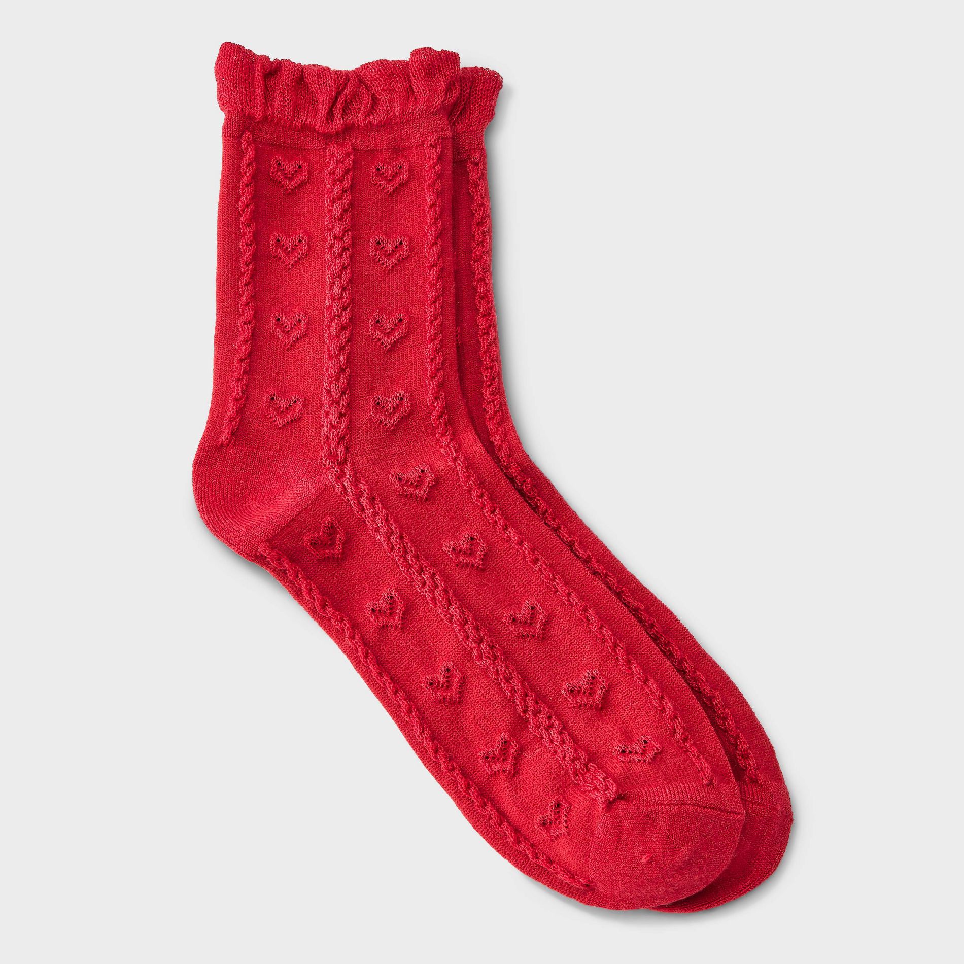 Women's Soft Ruffle Cuff Textured Hearts Valentine's Day Mid Crew Socks - Auden™ Red 4-10