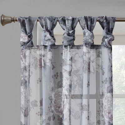 Gray Floral Twist Tab Top Sheer Polyester Curtain Panel