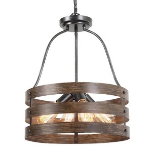 LNC Martin 4-Lights 16" Farmhouse Drum Pendant  Lights, Antique Brown Wood Tone with Brushed Silver - 1 of 4