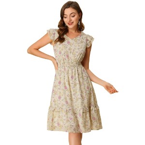 Allegra K Women's Floral Flutter Sleeves V Neck Smocked Ruffle Sundresses - 1 of 4