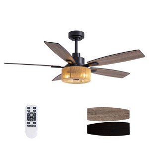 Siljoy 52 Inch Boho Black Hemp Ceiling Fans with Lights and Remote Control, Farmhouse Caged Rattan Ceiling Fan for Dining Room - 1 of 4