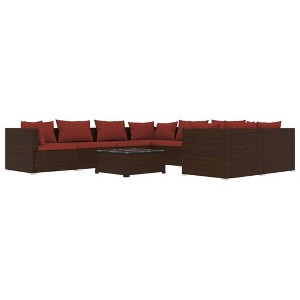 vidaXL Patio Lounge Set in Brown Poly Rattan with Cinnamon Red Cushions - 9 Piece Weather-Resistant Outdoor Seating Collection - 1 of 4