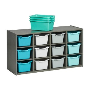 ECR4Kids Streamline 12 Cubby Tray Cabinet with Scoop Front Storage Bins, 3x4, Grey Wash - 1 of 4
