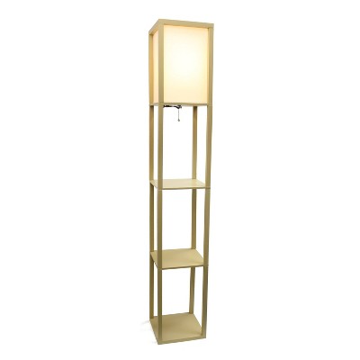 Tan Multifunctional Floor Lamp with Linen Shade and Storage Shelves