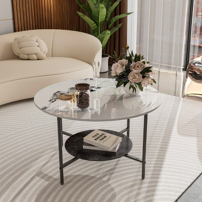 2-Tier Round Circle Coffee Table Living Room Sintered Stone Table w/ Open Shelf