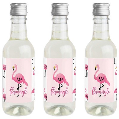 Big Dot of Happiness Pink Flamingo - Mini Wine and Champagne Bottle Label Stickers - Tropical Summer Party Favor Gift for Women and Men - Set of 16