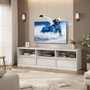 Modern TV Stand for 65 70 75 Inch TVs, Industrial Entertainment Center with 3 Drawers & Open Shelves, Sturdy MDF for Living Room & Bedroom - 1 of 4