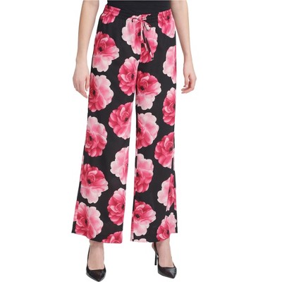 Calvin Klein Womens Floral Casual Wide Leg Pants, Black, Large