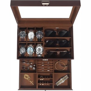 6-Slot 2-Layer Watch Case and Sunglasses Storage with Large Glass Lid, Men's Jewelry Box with Lock - 1 of 4