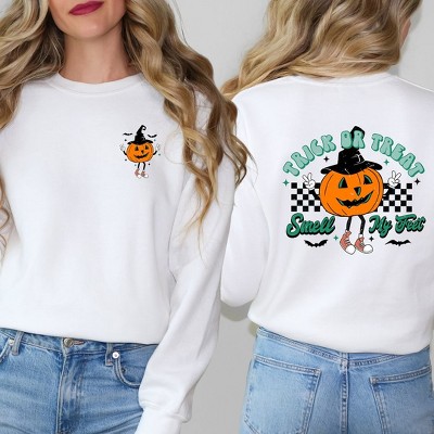 Simply Sage Market Women's Graphic Sweatshirt Smell My Feet Pumpkin Front and Back
