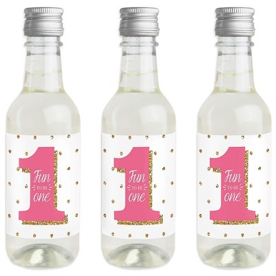 Big Dot of Happiness 1st Birthday Girl - Fun to be One - Mini Wine and Champagne Bottle Label Stickers - First Birthday Party Favor Gift - Set of 16