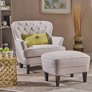 Christopher Knight Home Tafton Club Chair and Ottoman - Natural: Upholstered Linen & Cotton, Nailhead Trim - 1 of 4