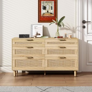 Gulches 51" Natural Rattan 6-Drawer Dresser - Wooden Storage Cabinet with Metal Handles & Wood Legs - 1 of 4