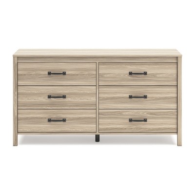 Beige Mid-Century Modern 6-Drawer Dresser with Chevron Pattern
