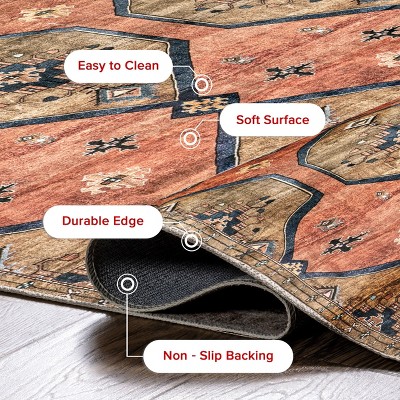 Judy Rust and Brown Medallion Washable Synthetic Area Rug