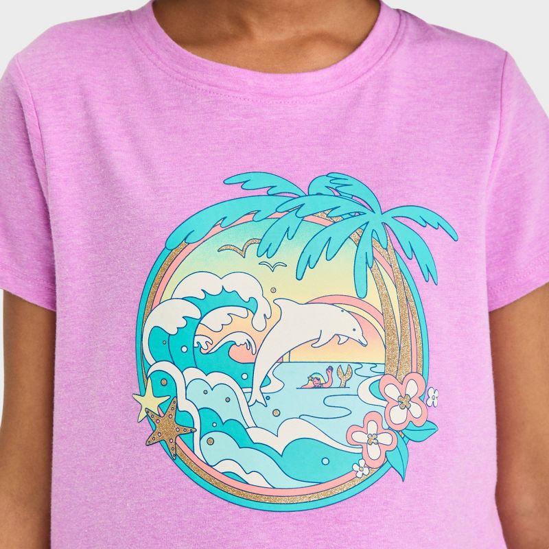Girls&#39; Short Sleeve &#39;Tropical Dolphin Scene&#39; Graphic T-Shirt - Cat &#38; Jack&#8482; Neon Purple, 2 of 4