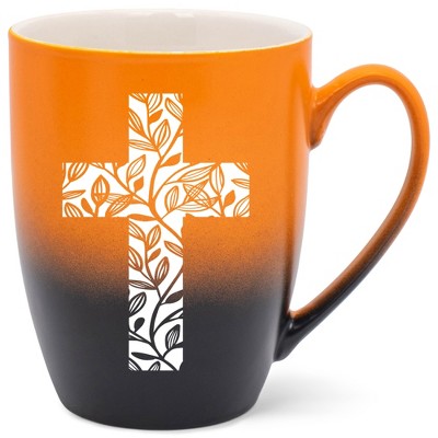 Elanze Designs Cross Leaf Two Toned Ombre Matte Orange and Black 12 ounce Ceramic Stoneware Coffee Cup Mug