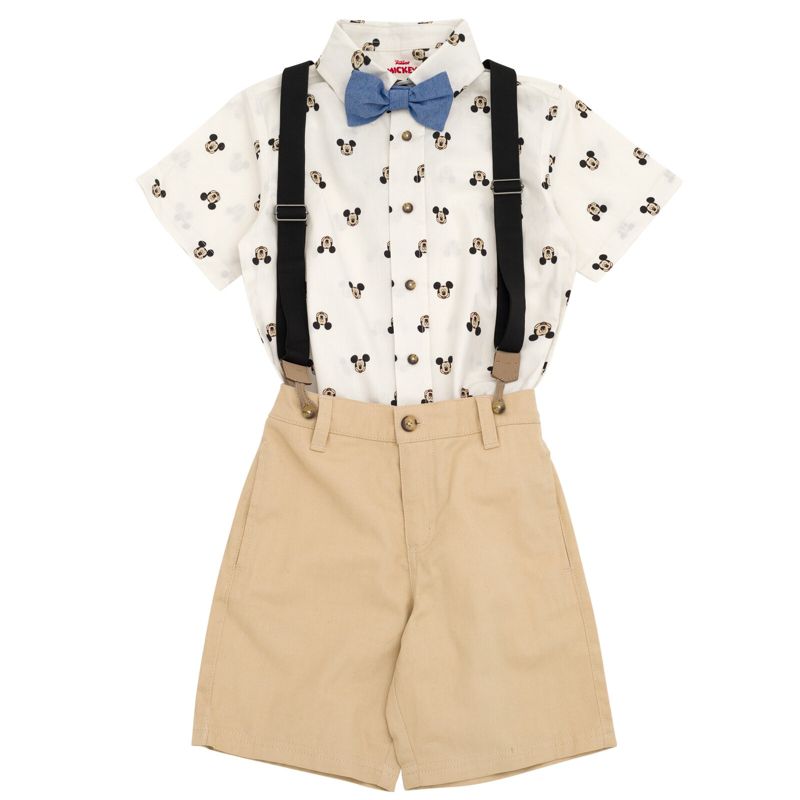 Disney Mickey Mouse Button Down Shirt Twill Pants Suspenders and Bow-Tie 4 Piece Outfit Set Infant to Little Kid, 3 of 8