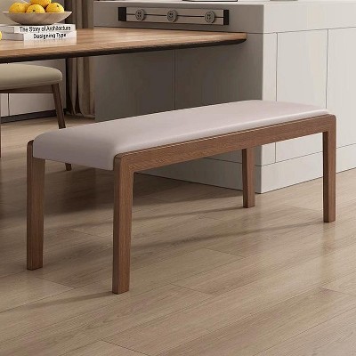 POVISON 47.24'' Mid-Century Modern Walnut Wood Dining Bench Set of 2, Gray Entryway Bench, Fully Assembled