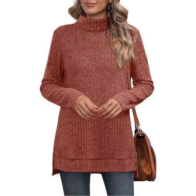 Women's Fall Winter High Neck Ribbed Knit Top - Loose Fit T-Shirt with Side Slits