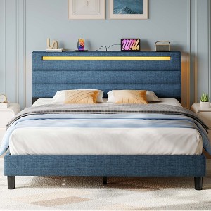 GREENSTELL Twin Bed Frame with Upholstered Headboard  and Charging Station & LED Lights Wood - 1 of 4