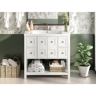 Okak Modern 36" Bathroom Vanity with Sink Multi-function Solid Wood Bathroom Cabinet with Soft Closing Doors & 4 Drawers Open Shelf, White