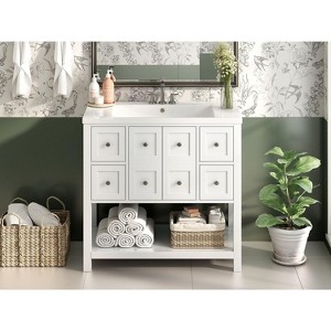 Okak Modern 36" Bathroom Vanity with Sink Multi-function Solid Wood Bathroom Cabinet with Soft Closing Doors & 4 Drawers Open Shelf, White - 1 of 4