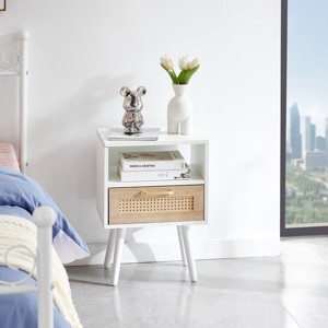 KTMBDW Rattan Nightstand, Boho Side Table with Drawer Open Shelf, Cane Accent Bedside End Table with Wood Legs for Bedroom and Small Spaces - 1 of 4