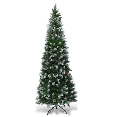 Costway 7.5ft Snow Flocked Pencil Christmas Tree Hinged Pine Cones