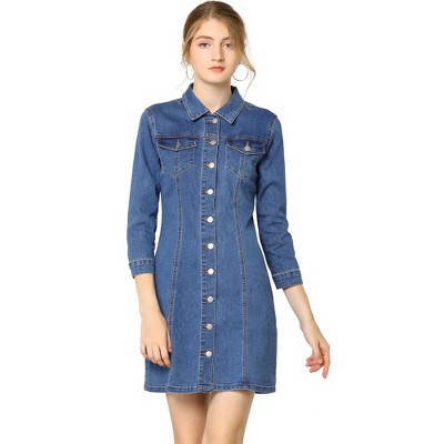 Allegra K Women's 3/4 Sleeve Button Down Denim Shirt Dress Light Blue ...