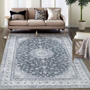 Washable Rug Vintage Floral Distressed Carpet, Ultra-Soft Low Pile Floor Cover Farmhouse Anti-Slip Aesthetic Rug for Living Room Bedroom Dining Room - 1 of 4