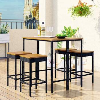 5-Piece Outdoor Patio Wicker Bar Set with Foldable Acacia Wood Top with 4 Stools and 1 Table,Brown - ModernLuxe