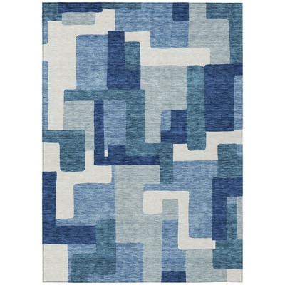 Navy Blue And Sky Blue Abstract Washable Indoor Outdoor Area Rug