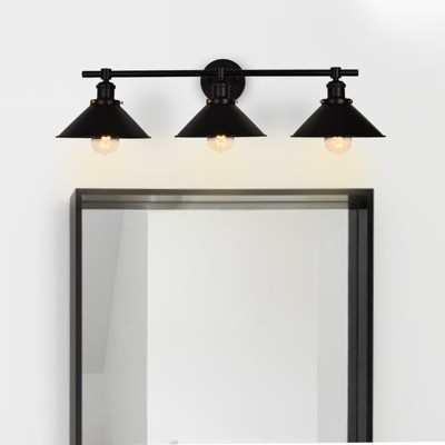 PAKOKULA 3-Light Matte Black Dimmable Vanity Light with Wide Cone Shade.